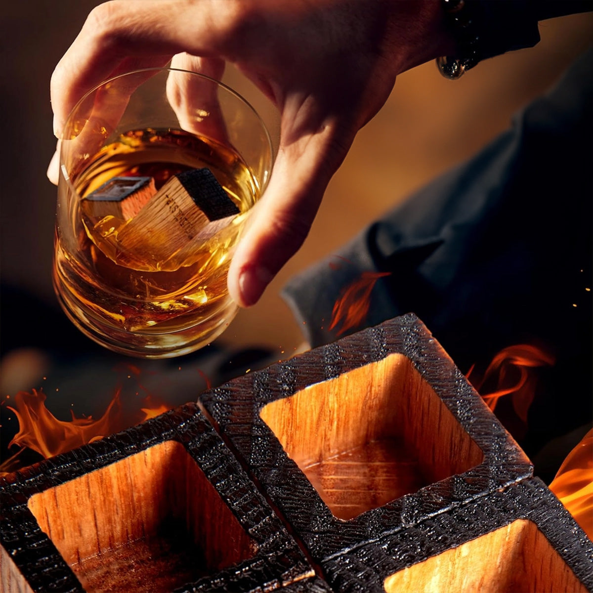 Charred Wooden (Oak) Bourbon and Whiskey Stones Set, Charred Oak Ice Cubes | Oak & Sugar | Introducing our Wooden Bourbon and Whiskey Stones Set—a must-have for whiskey enthusiasts. Crafted from oak, charred like a whiskey barrel, these reusable cubes ele