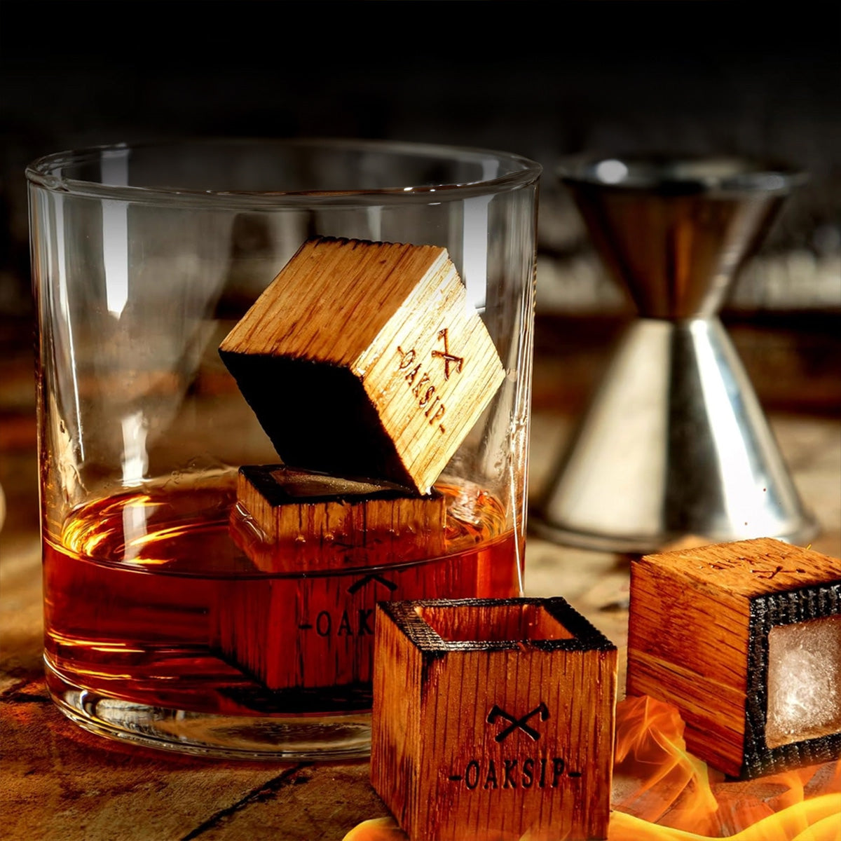 Charred Wooden (Oak) Bourbon and Whiskey Stones Set, Charred Oak Ice Cubes | Oak & Sugar | Introducing our Wooden Bourbon and Whiskey Stones Set—a must-have for whiskey enthusiasts. Crafted from oak, charred like a whiskey barrel, these reusable cubes ele