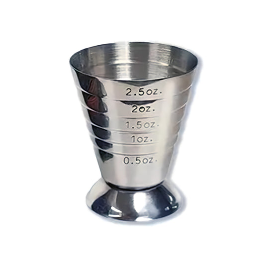 A Trixie & Milo .5oz - 2oz Cocktail Jigger, crafted from solid stainless steel construction, features engraved measurement markings in fluid ounces (0.5 oz, 1 oz, 1.5 oz, 2 oz, and 2.5 oz). Its conical shape and broad base ensure precise and accurate pours while maintaining stability.