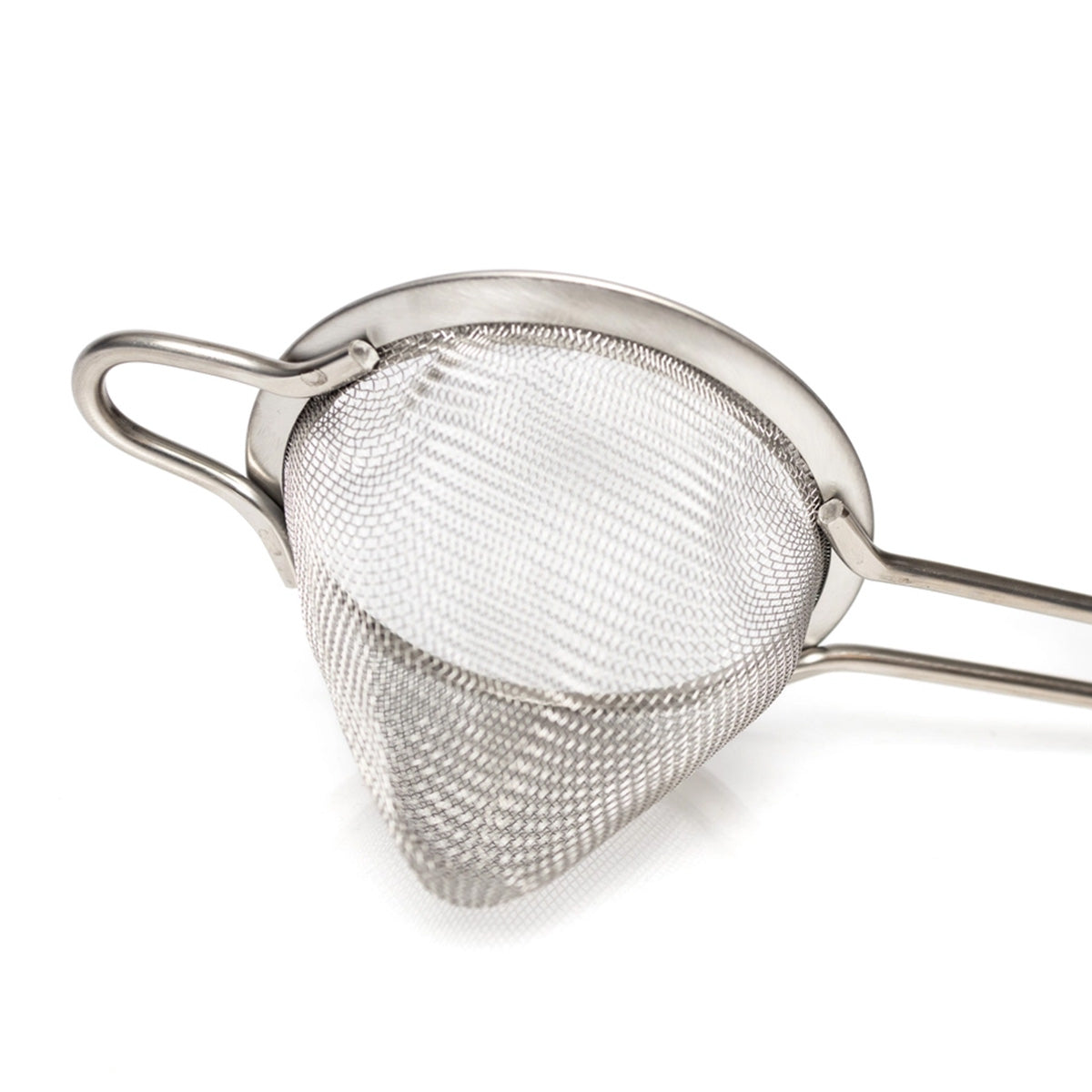A Bull in China Fine Mesh Cocktail Strainer, Large with a conical design featuring a long handle and a hooked end. The fine mesh effectively sifts or strains ingredients and liquids, while the hooked end balances over bowls or pots. Its clean, metallic surface indicates it is new or well-maintained.