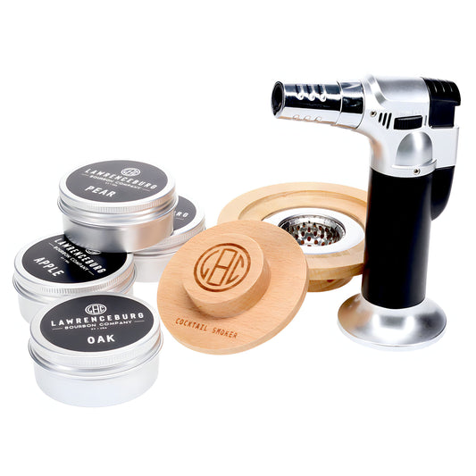 Premium Cocktail Smoker Set w/ Torch | Oak & Sugar | Elevate your cocktail experiences or simply add a touch of sophistication with the Lawrenceburg Bourbon Company Cocktail Smoker Set. This exquisite set includes a selection of premium smoker chips in oa