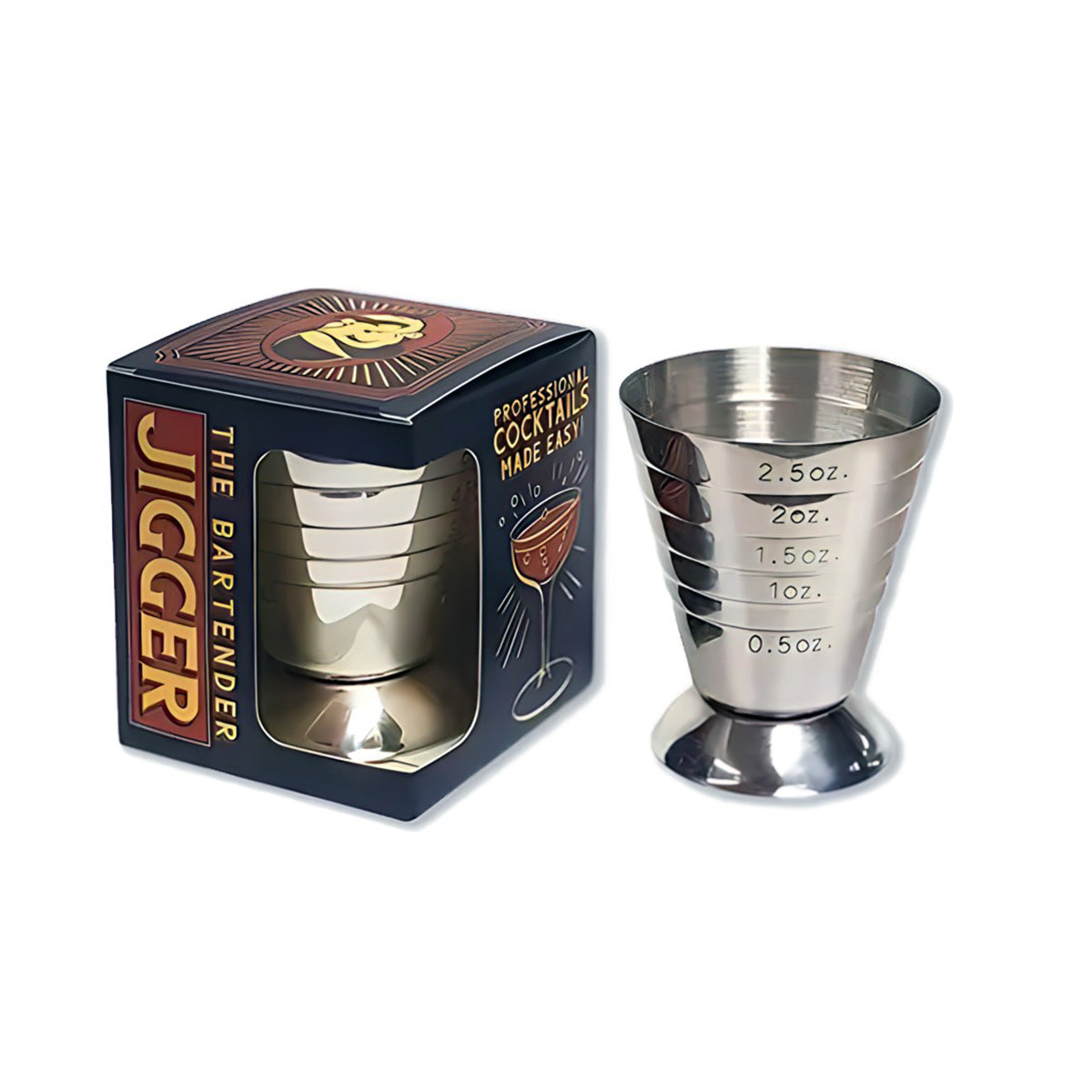 A vintage-style stainless steel .5oz - 2oz Cocktail Jigger by Trixie & Milo beside its box packaging. The solid stainless steel jigger has precise measurement markings of 0.5 oz, 1 oz, 1.5 oz, 2 oz, and 2.5 oz for accurate pours. The box features an illus