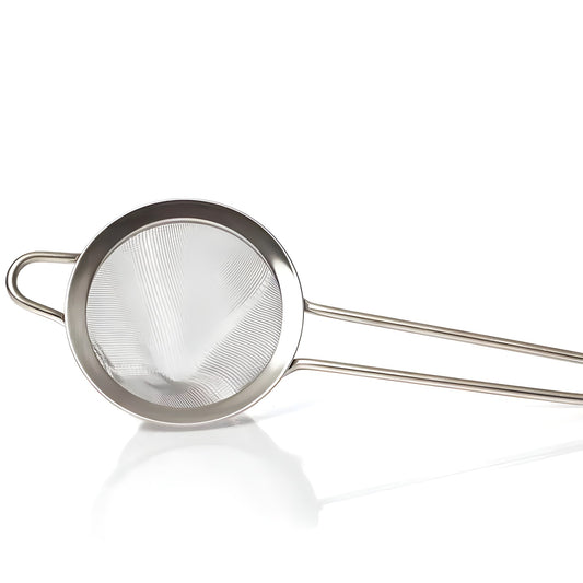 A Bull in China Fine Mesh Cocktail Strainer, Large with a round sieve and long handles, ideal for sifting and straining. The strainer is placed on a white surface, showcasing the clean lines of its minimalist design.
