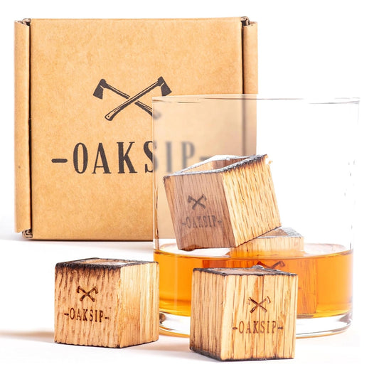 Charred Wooden (Oak) Bourbon and Whiskey Stones Set, Charred Oak Ice Cubes | Oak & Sugar | Introducing our Wooden Bourbon and Whiskey Stones Set—a must-have for whiskey enthusiasts. Crafted from oak, charred like a whiskey barrel, these reusable cubes ele
