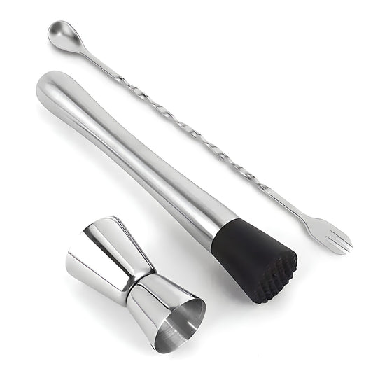 Cocktail Bar Kit - Muddler, Class Swizzle Spoon & Fork, Jigger | Oak & Sugar | The essential trio for any mixologist! includes a dual function muddler, a stirrer with both a spoon end and a trident fork end, and a classic Japanese style measuring jigger w